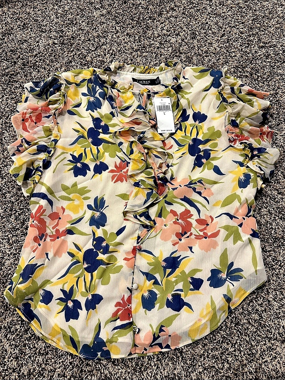 Lauren Ralph Lauren Floral Ruffle-Trim Georgette Blouse White & Blue Large